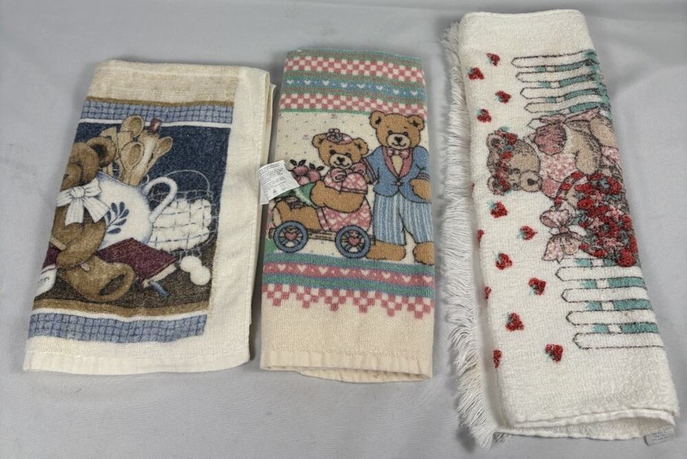 3 Vtg Teddy Bear Kitchen Towels